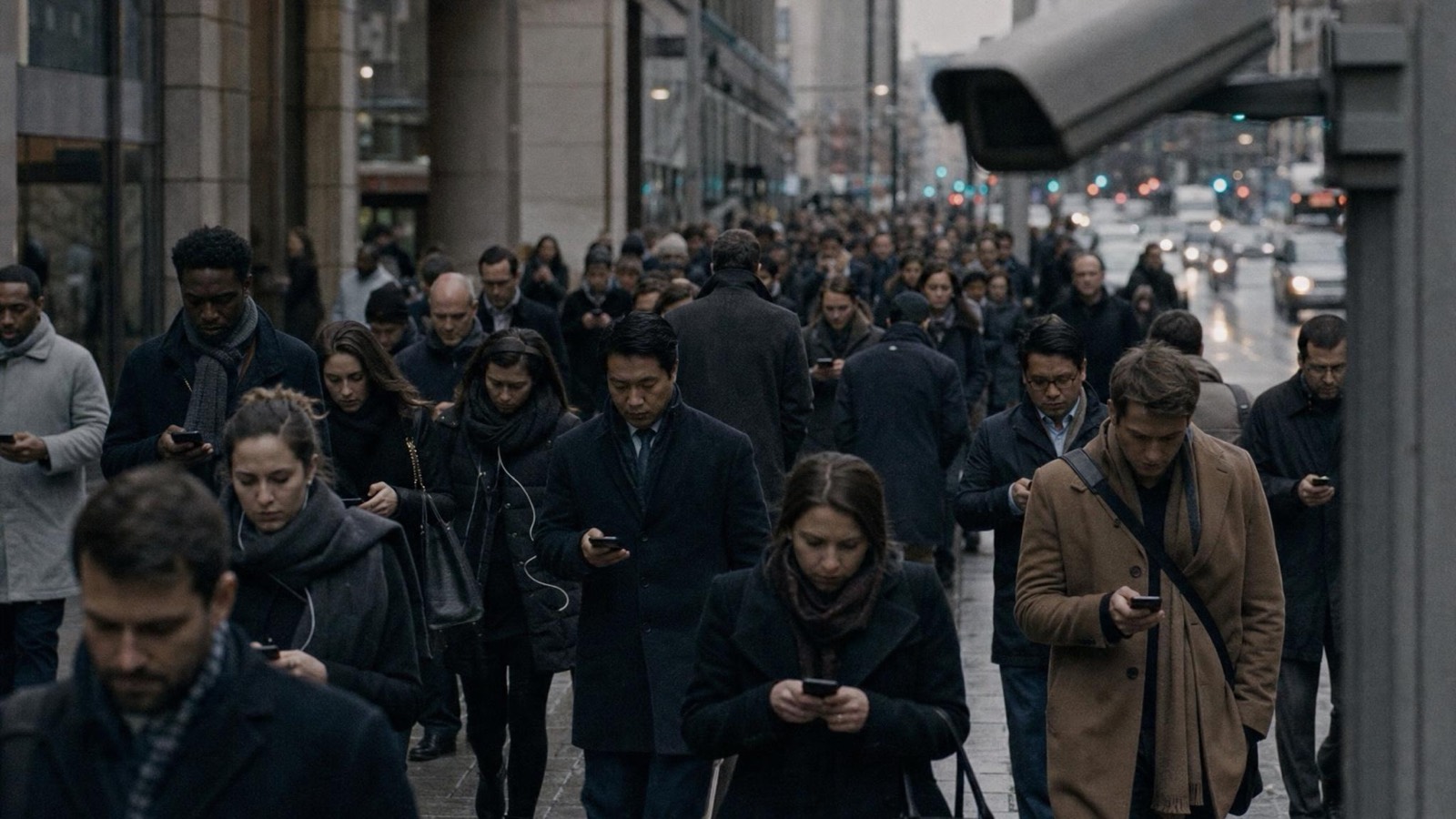 Commuters walk with their eyes on their phones beneath a security camera.