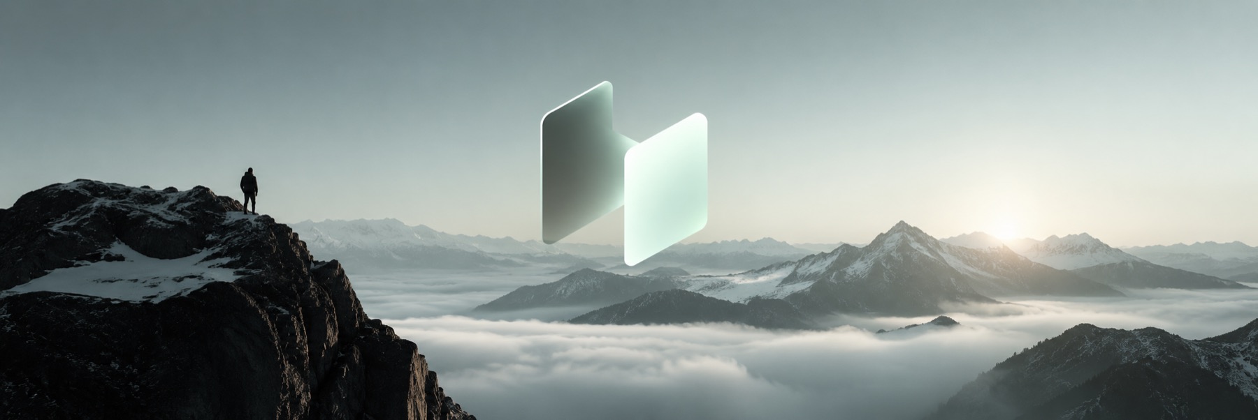 A lone figure on a ridge above the clouds, with the OffRouter mark in the sky.
